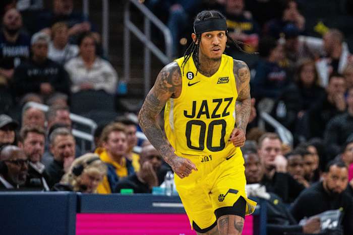 Utah Jazz guard Jordan Clarkson (00) after a made shot in the second half against the Indiana Pacers at Gainbridge Fieldhouse.